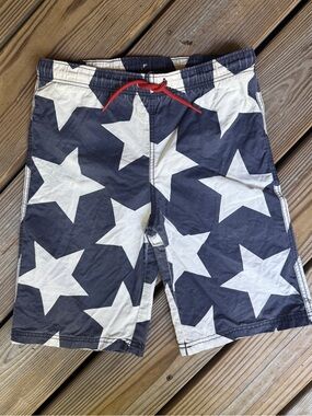 Mini Boden Boys Star Swim Trunks Navy Blue White Swimsuit Shorts Size 9-10Y
